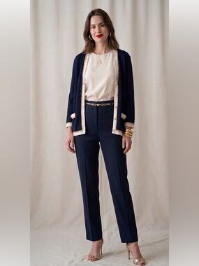 St. John Evening by Marie Gray Navy Cardigan Sweater Gold Ivory Trim Size 4 USA